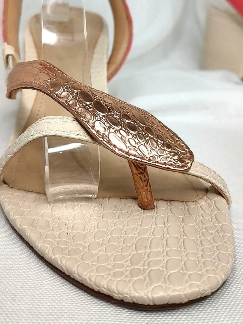 Schutz Cleo Snake Block Heel Sandals Metallic Gold Pink Ivory 10 - Picture 4 of 16